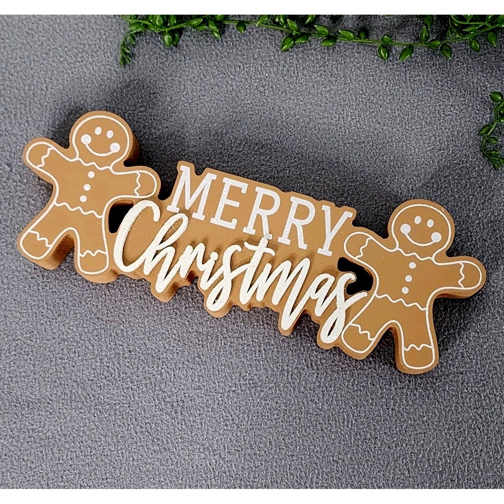 Merry Christmas Tabletop Sign Gingerbread Men Brown White Wood Holiday 11.25"
